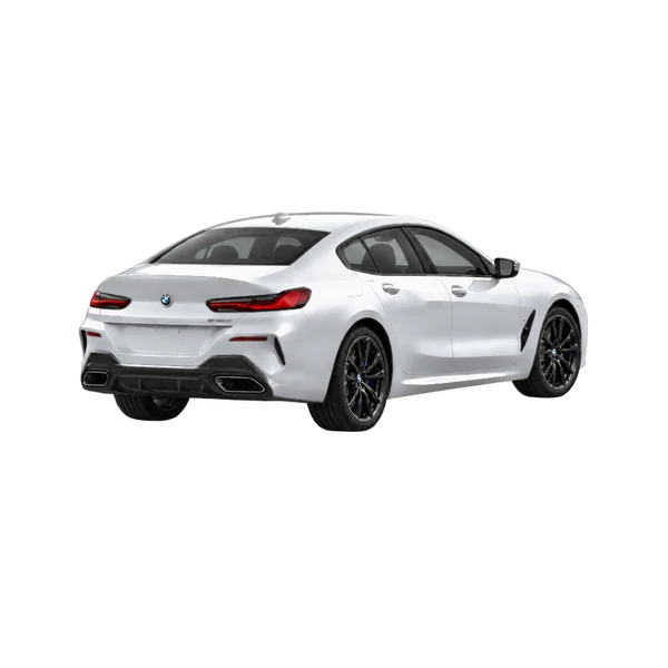 silver 2024 BMW M850i rear three-quarter (facing right) view