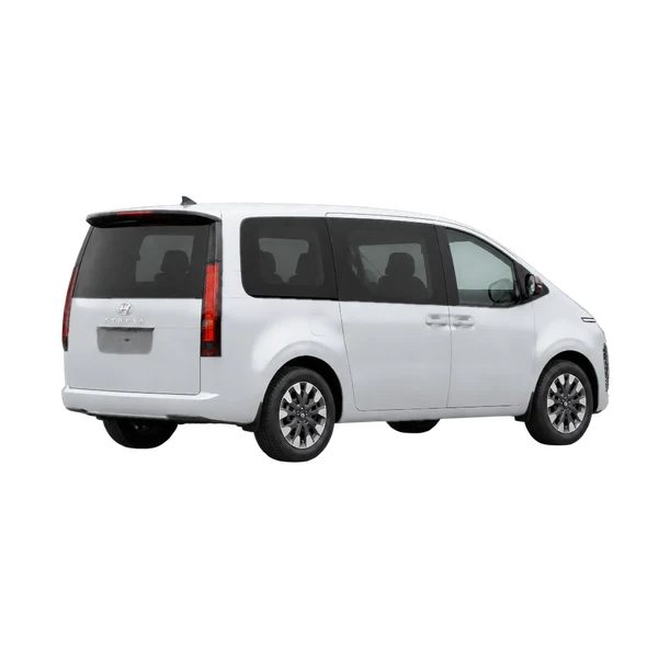 silver 2025 Hyundai Staria rear three-quarter (facing right) view