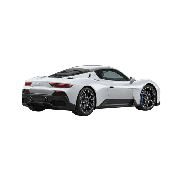 silver 2026 Maserati MCPura rear three-quarter (facing right) view