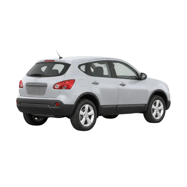 silver 2009 Nissan Qashqai rear three-quarter (facing right) view