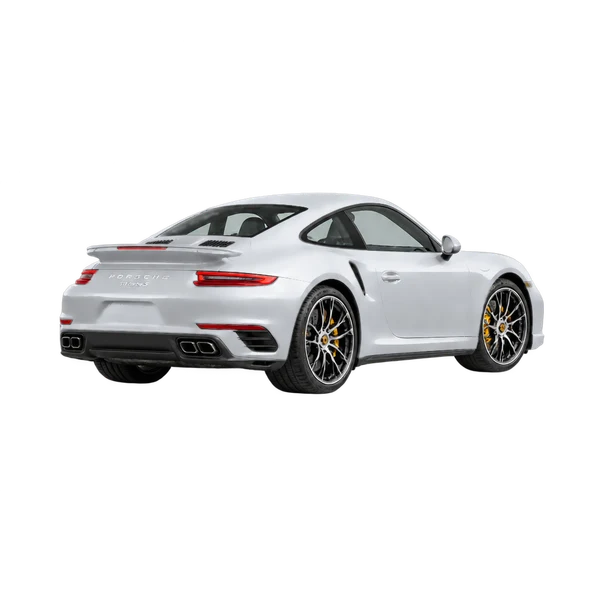 silver 2019 Porsche 911 Turbo S rear three-quarter (facing right) view