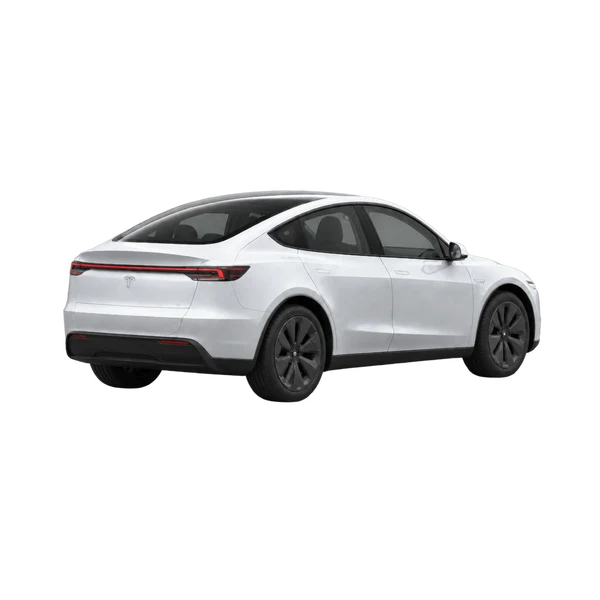 silver 2026 Tesla Cybercab rear three-quarter (facing right) view
