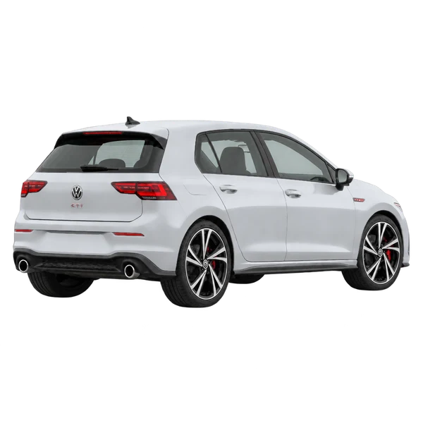 silver 2022 Volkswagen Golf GTI rear three-quarter (facing right) view