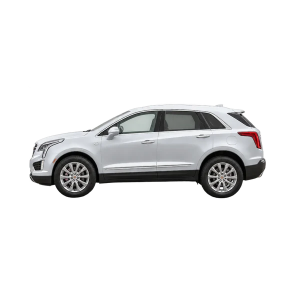 silver 2027 Cadillac XT5 side (facing left) view