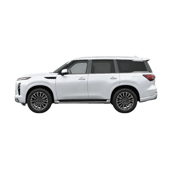 silver 2027 Infiniti QX80 side (facing left) view