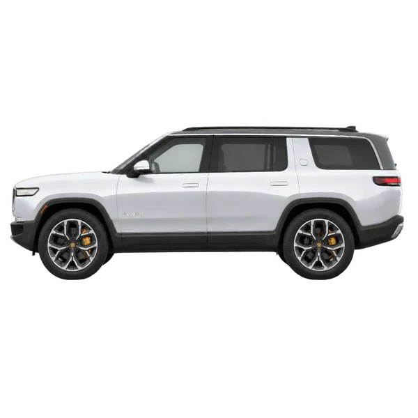 silver 2025 Rivian R1S side (facing left) view