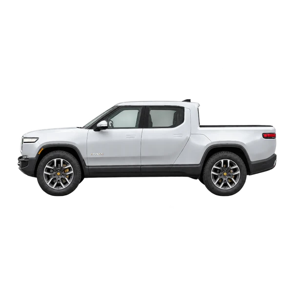 silver 2025 Rivian R1T side (facing left) view
