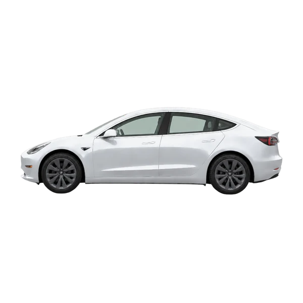 silver 2017 Tesla Model 3 side (facing left) view