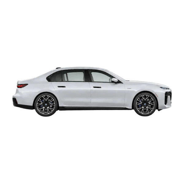 silver 2026 BMW I7 M70 Xdrive side (facing right) view