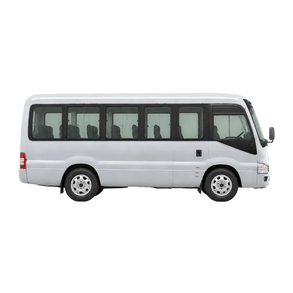 silver 2019 Toyota Coaster side (facing right) view