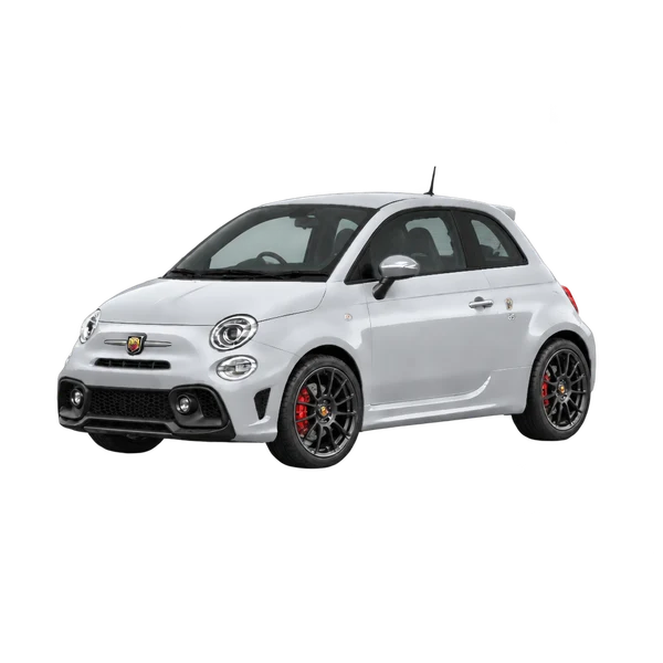 2024 Abarth 500 in Silber, Ansicht: Dreiviertelansicht vorne (nach links gerichtet)