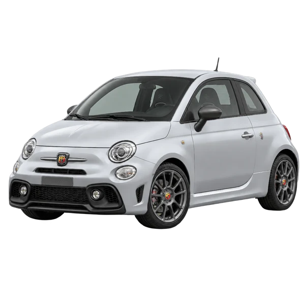 Abarth 500 2026 prata, vista dianteira em três quartos (voltada para a esquerda)