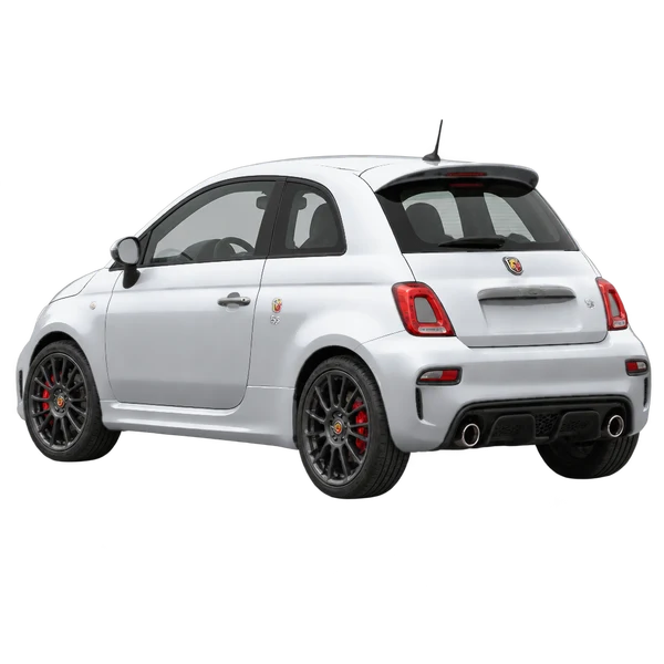 Abarth 595 2024 باللون فضي، منظر ثلاثة أرباع خلفي (باتجاه اليسار)