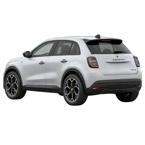 Abarth 600E 2025 prata, vista três quartos traseira (voltada para a esquerda)