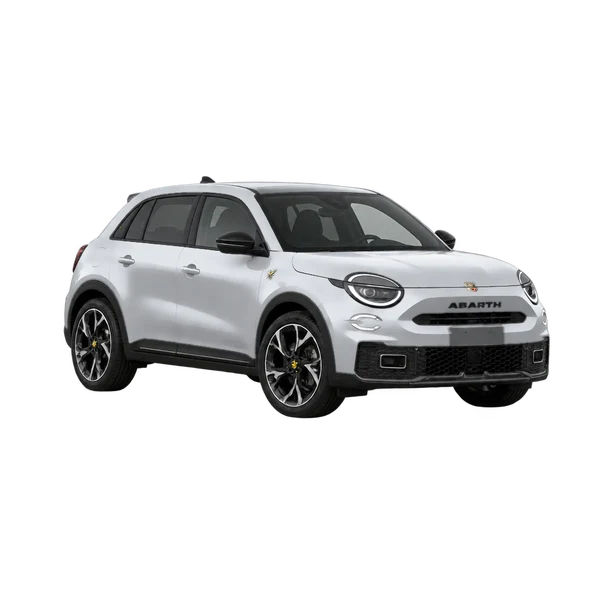 silver 2026 Abarth 600E front three-quarter (facing right) view
