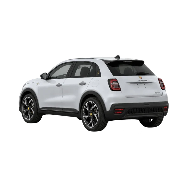 silver 2026 Abarth 600E rear three-quarter (facing left) view