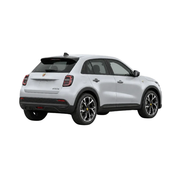 silver 2026 Abarth 600E rear three-quarter (facing right) view