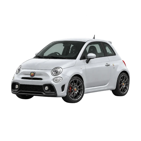 2024 Abarth 695 in Silber, Ansicht: Dreiviertelansicht vorne (nach links gerichtet)