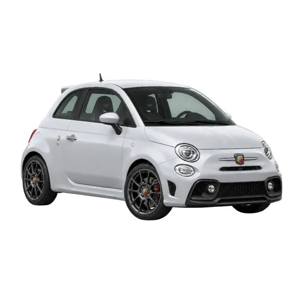 Abarth 695 2024 باللون فضي، منظر زاوية ثلاثة أرباع أمامية (باتجاه اليمين)