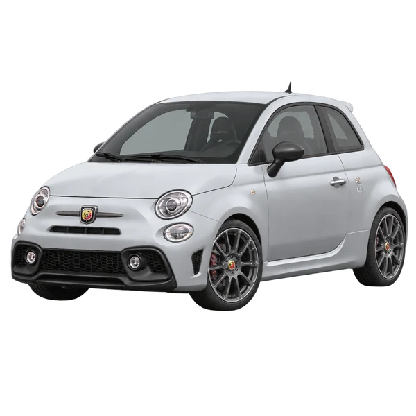 Abarth 695 2025 prata, vista dianteira em três quartos (voltada para a esquerda)