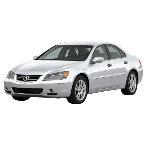 Acura RL 2005 باللون فضي، منظر منظر أمامي بزاوية ثلاثة أرباع (متجه لليسار)