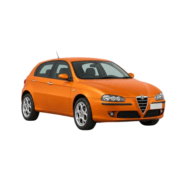 Alfa Romeo 147 2000 باللون برتقالي، منظر منظر أمامي بزاوية ثلاثة أرباع (متجه لليسار)