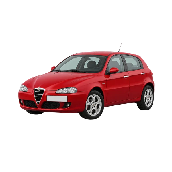 Alfa Romeo 147 2000 باللون أحمر، منظر منظر أمامي بزاوية ثلاثة أرباع (متجه لليسار)
