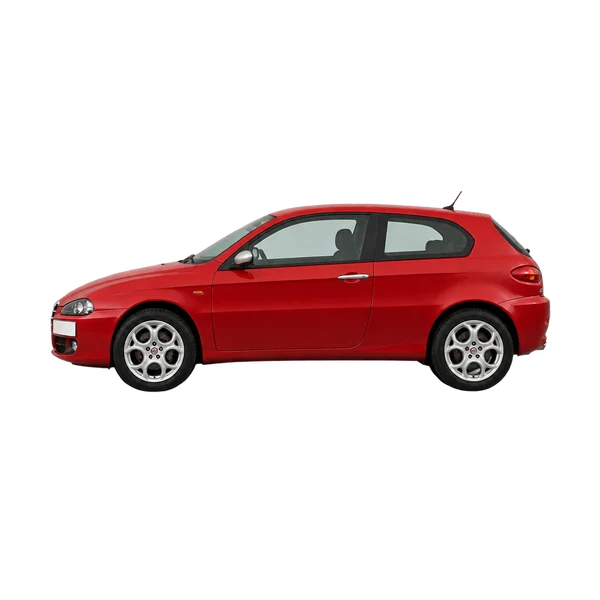 Alfa Romeo 147 2005 باللون أحمر، منظر جانبي (متجه إلى اليسار)