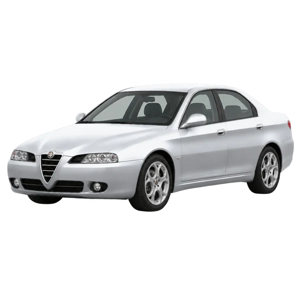 Alfa Romeo 166 2013 باللون فضي، منظر منظر أمامي بزاوية ثلاثة أرباع (متجه لليسار)