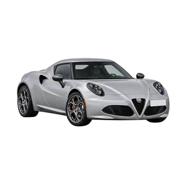 Alfa Romeo 4C 2013 باللون فضي، منظر منظر أمامي بزاوية ثلاثة أرباع (متجه لليسار)