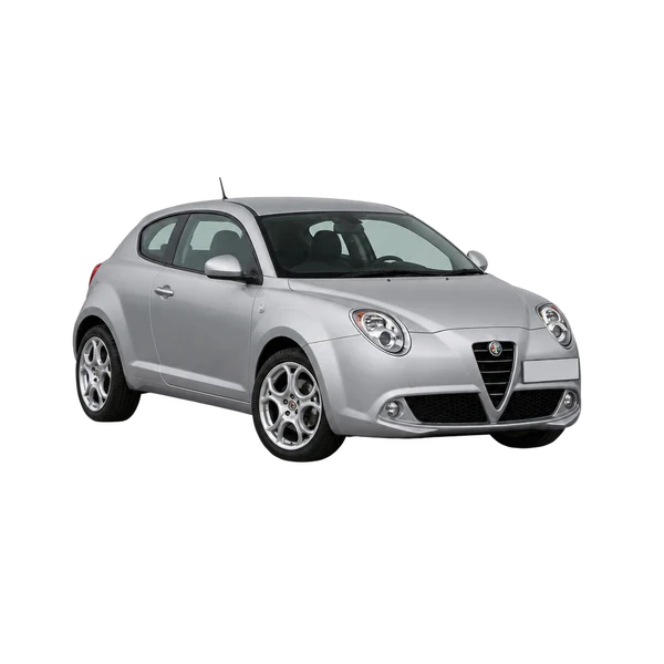 Alfa Romeo Mito 2008 باللون فضي، منظر منظر أمامي بزاوية ثلاثة أرباع (متجه لليسار)