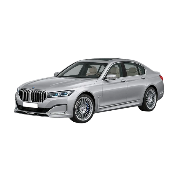 silver 2022 Alpina BMW Alpina B7 front three-quarter (facing left) view