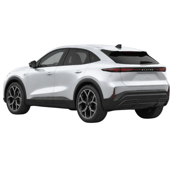 Alpine A390 2026 باللون فضي، منظر ثلاثة أرباع خلفي (باتجاه اليسار)