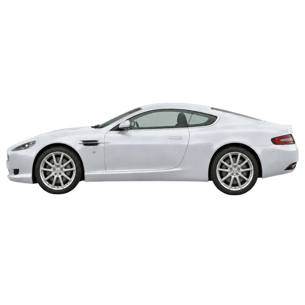 Aston Martin DB9 2012 باللون فضي، منظر جانبي (متجه إلى اليسار)