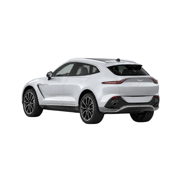 2021 Aston Martin DBX in Silber, Ansicht: Dreiviertelansicht von hinten (nach links gerichtet)