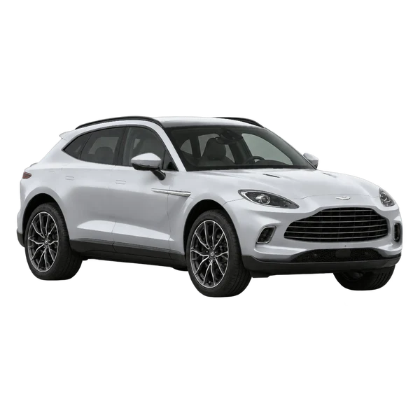 Aston Martin DBX 2025 باللون فضي، منظر منظر أمامي بزاوية ثلاثة أرباع (متجه لليسار)