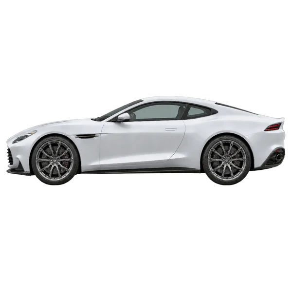 Aston Martin Vanquish 2027 en plateado, vista lateral (mirando a la izquierda)