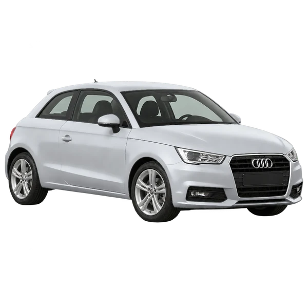 Audi A1 2015 باللون فضي، منظر منظر أمامي بزاوية ثلاثة أرباع (متجه لليسار)