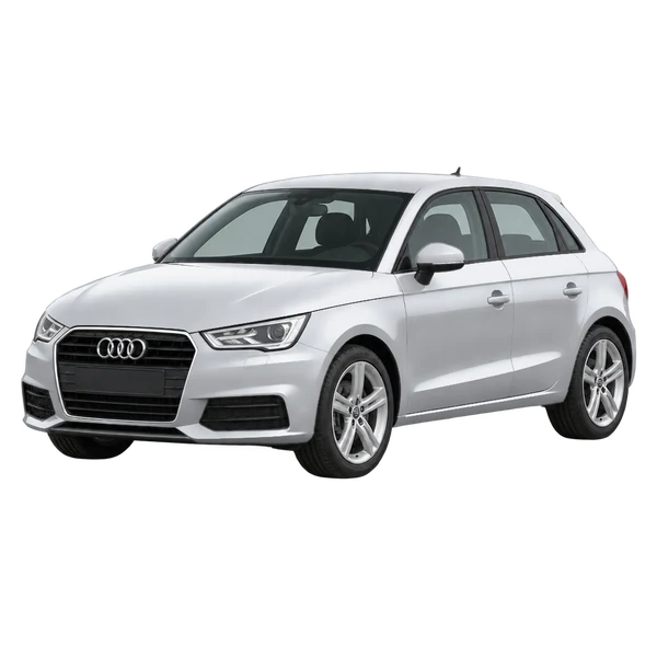 Audi A1 2017 باللون فضي، منظر منظر أمامي بزاوية ثلاثة أرباع (متجه لليسار)