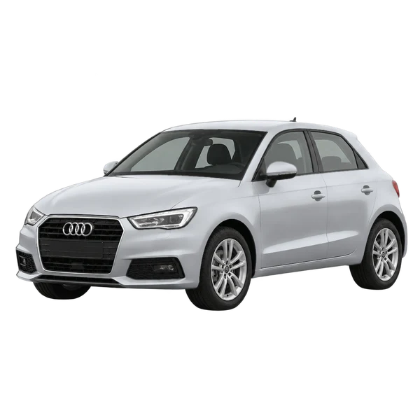 Audi A1 2018 باللون فضي، منظر منظر أمامي بزاوية ثلاثة أرباع (متجه لليسار)