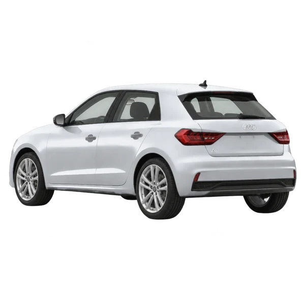 Audi A1 2019 باللون فضي، منظر ثلاثة أرباع خلفي (باتجاه اليسار)