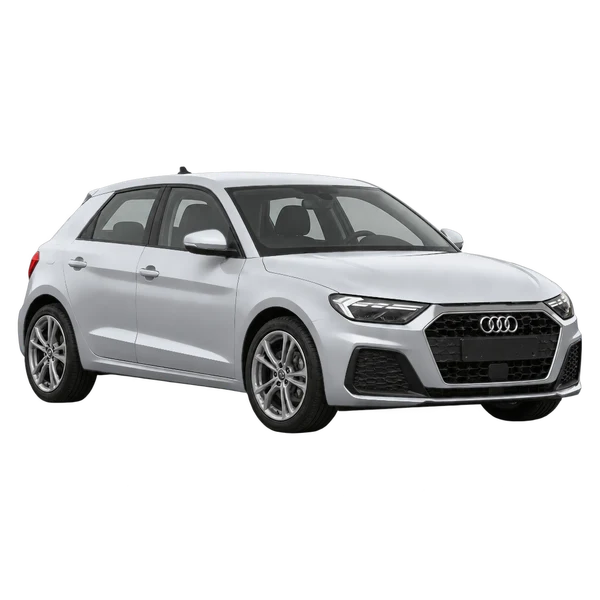 Audi A1 2020 باللون فضي، منظر منظر أمامي بزاوية ثلاثة أرباع (متجه لليسار)