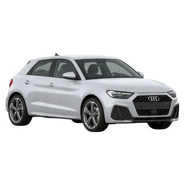 Audi A1 2022 باللون فضي، منظر منظر أمامي بزاوية ثلاثة أرباع (متجه لليسار)