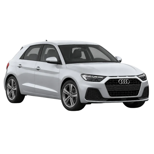 Audi A1 2023 باللون فضي، منظر منظر أمامي بزاوية ثلاثة أرباع (متجه لليسار)