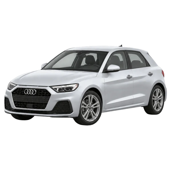 Audi A1 2024 باللون فضي، منظر منظر أمامي بزاوية ثلاثة أرباع (متجه لليسار)