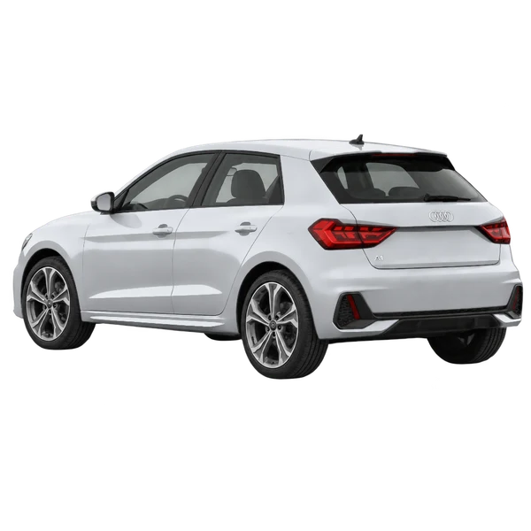 Audi A1 2025 باللون فضي، منظر ثلاثة أرباع خلفي (باتجاه اليسار)