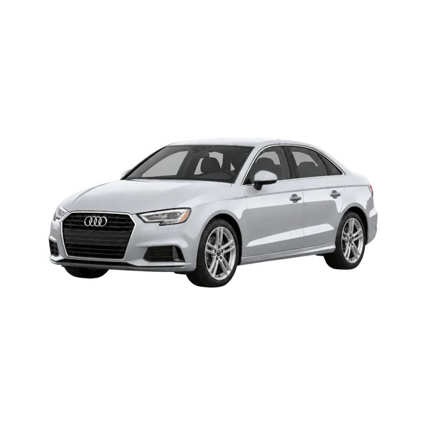 Audi A3 Limousine 2020 باللون فضي، منظر منظر أمامي بزاوية ثلاثة أرباع (متجه لليسار)