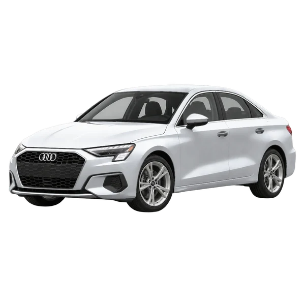 Audi A3 Limousine 2023 en plateado, vista frontal tres cuartos (hacia la izquierda)