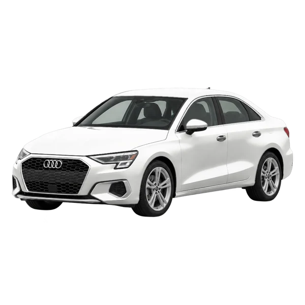 Audi A3 2021 باللون أبيض، منظر منظر أمامي بزاوية ثلاثة أرباع (متجه لليسار)