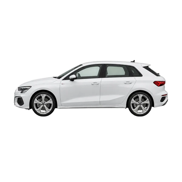 Audi A3 2021 باللون أبيض، منظر جانبي (متجه إلى اليسار)